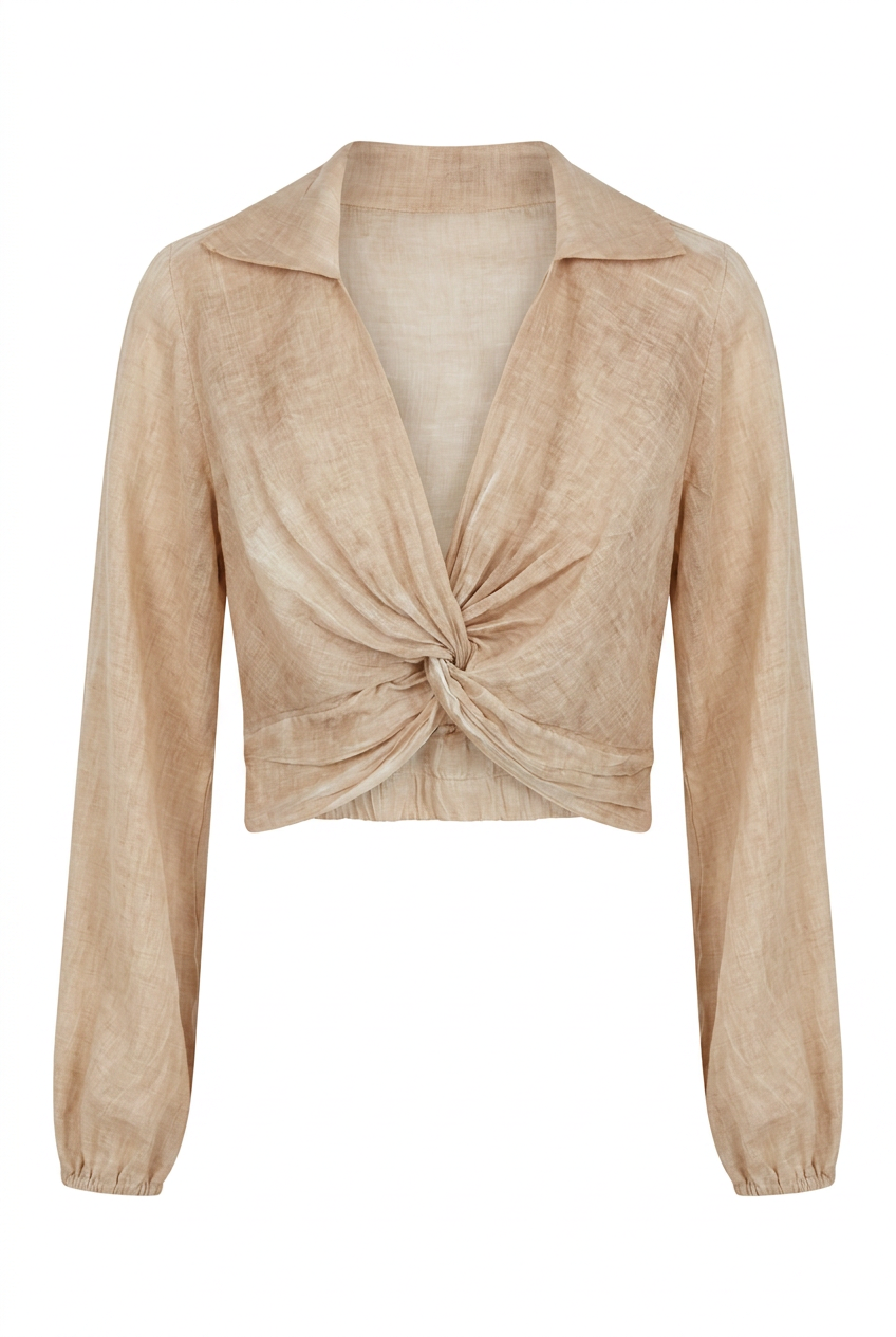 Blusa Incrociata in Lino Nocciola