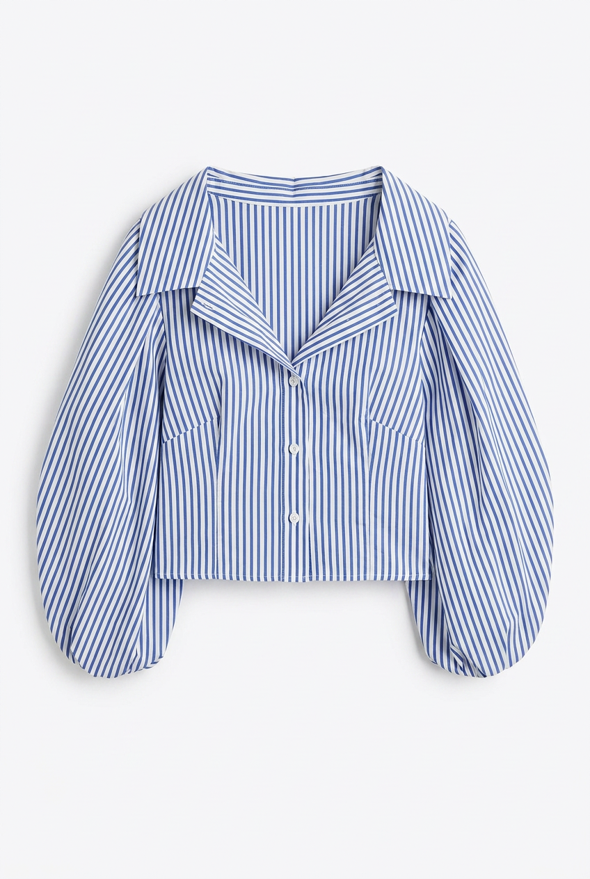 Camicia Cropped Maniche a Palloncino Bianco/Blu