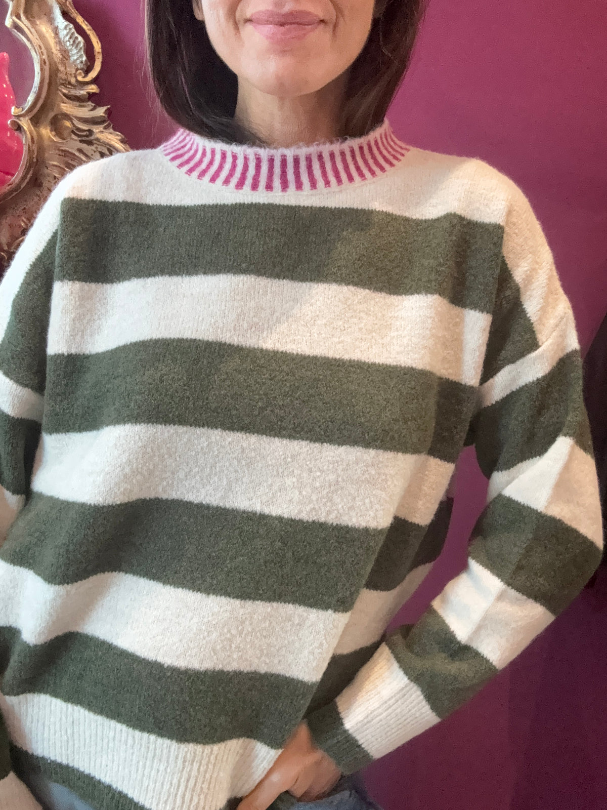 HAVEONE Maglia Righe Verde Bianco