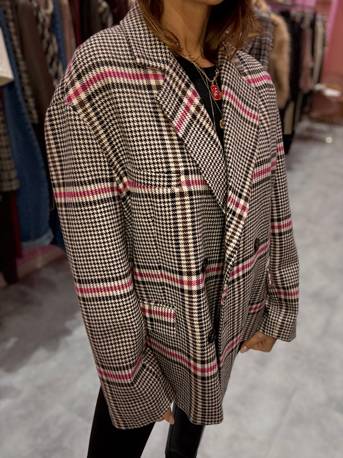 Giacca Rosa Pied De Poule Lana