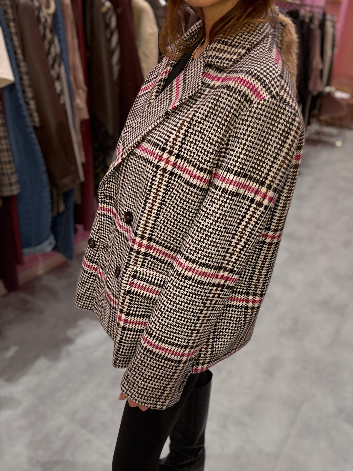 Giacca Rosa Pied De Poule Lana