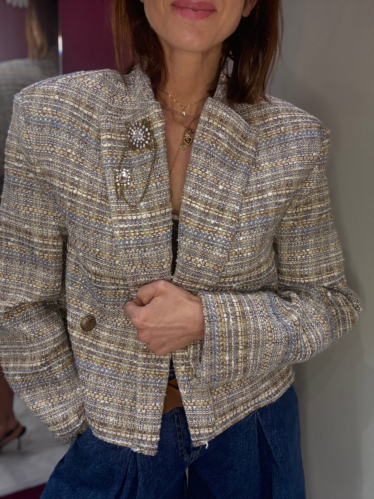 TENSIONE IN Blazer Cropped Azzurro in Tweed