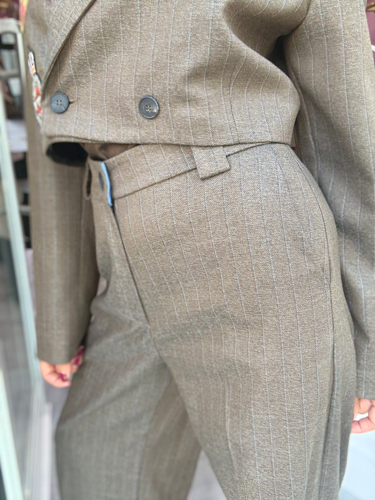 Pantalone Marrone Gessato Azzurro