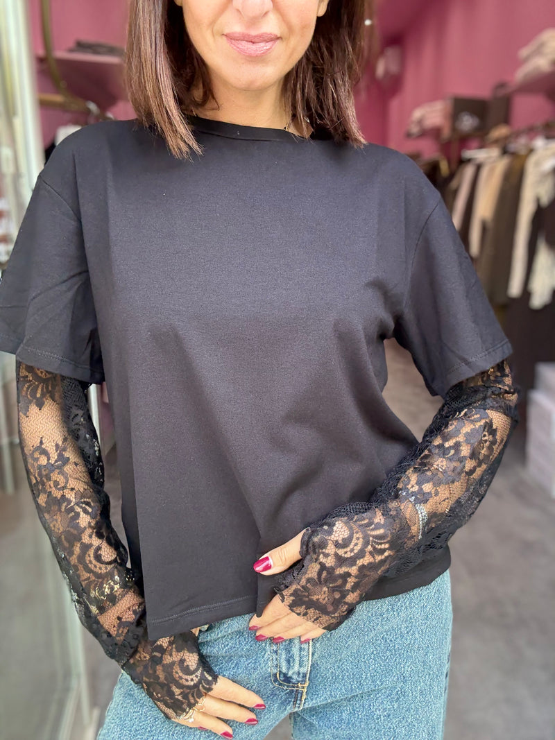 T-shirt Nero Manica Pizzo Nera