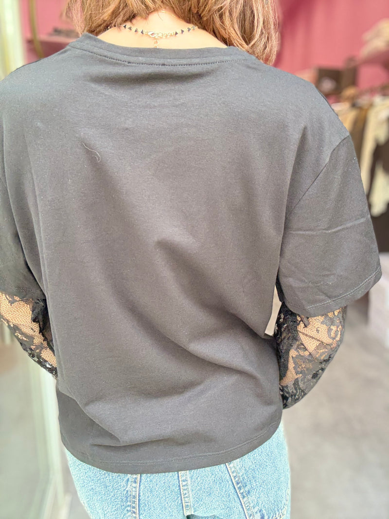 T-shirt Nero Manica Pizzo Nera