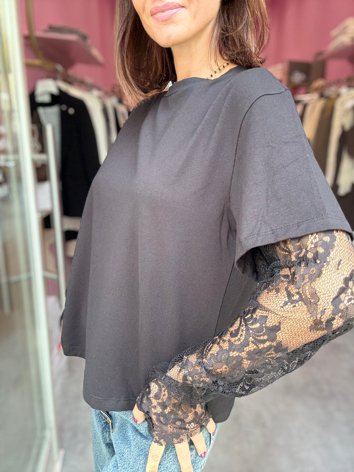 T-shirt Nero Manica Pizzo Nera