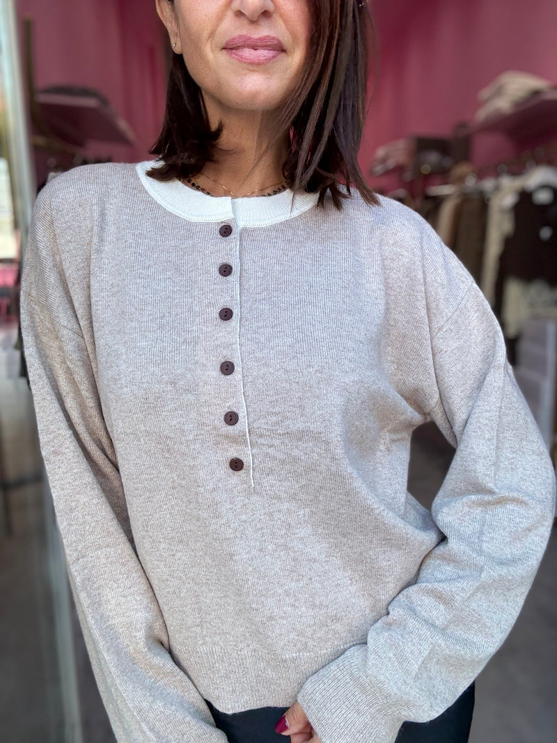 Maglia Bottoni Beige Melange Cashmere