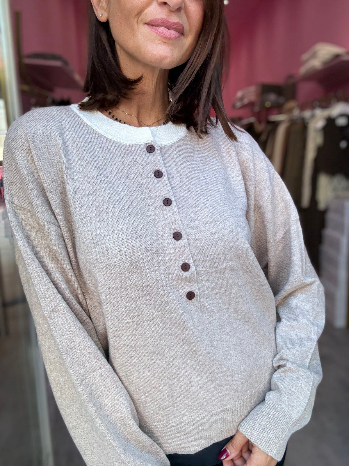 Maglia Bottoni Beige Melange Cashmere