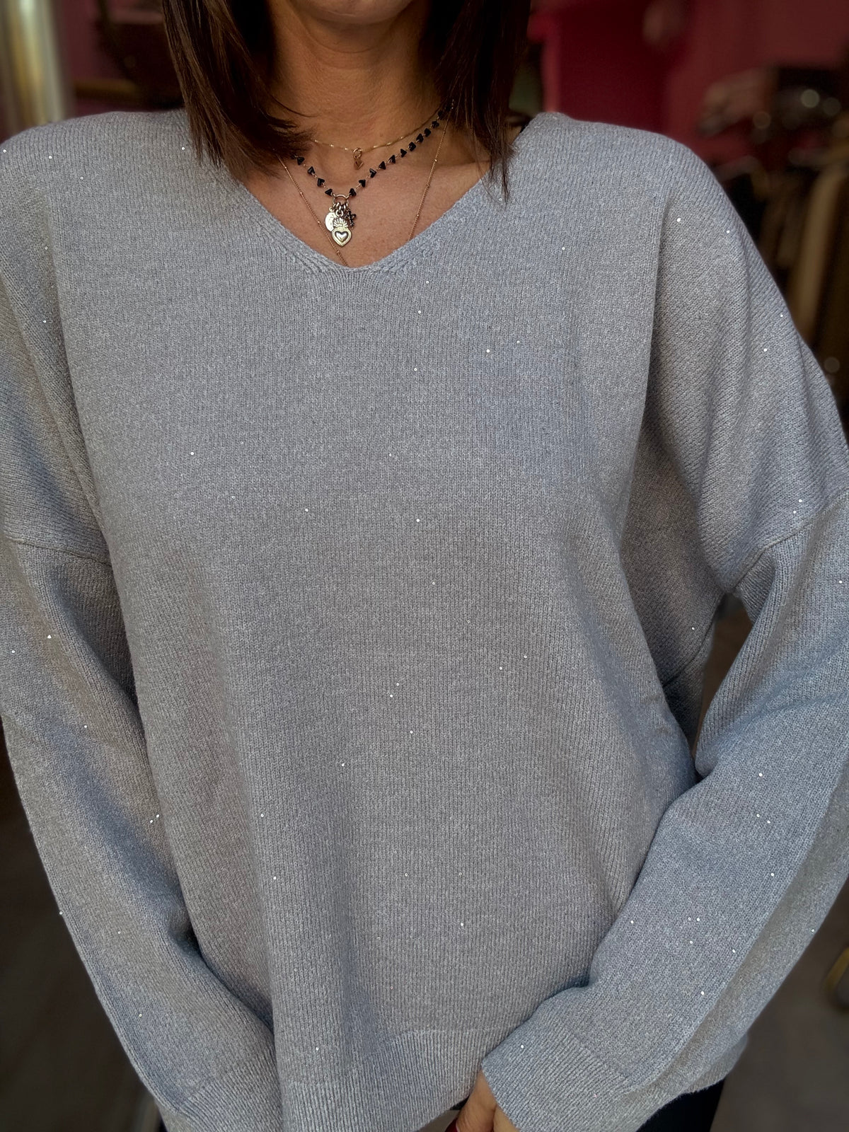 Maglione V Grigio co Micro Paillettes
