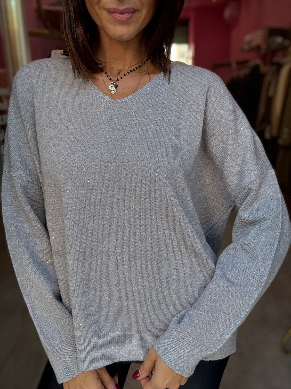 Maglione V Grigio co Micro Paillettes