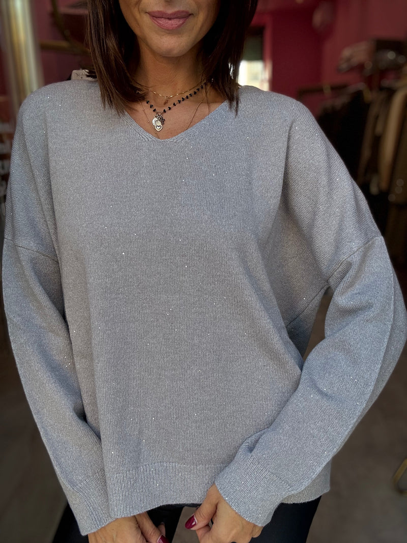 Maglione V Grigio co Micro Paillettes