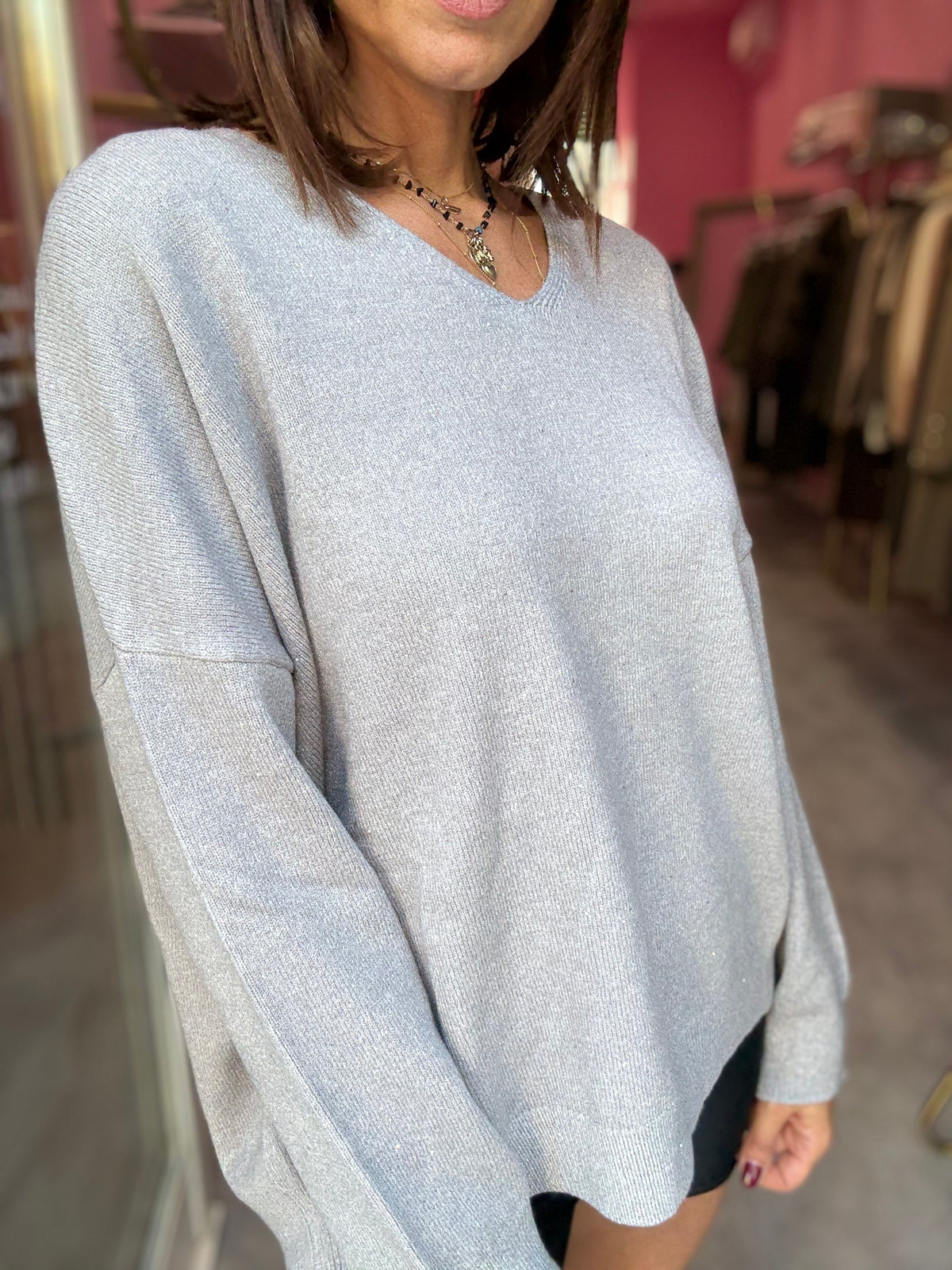 Maglione V Grigio co Micro Paillettes