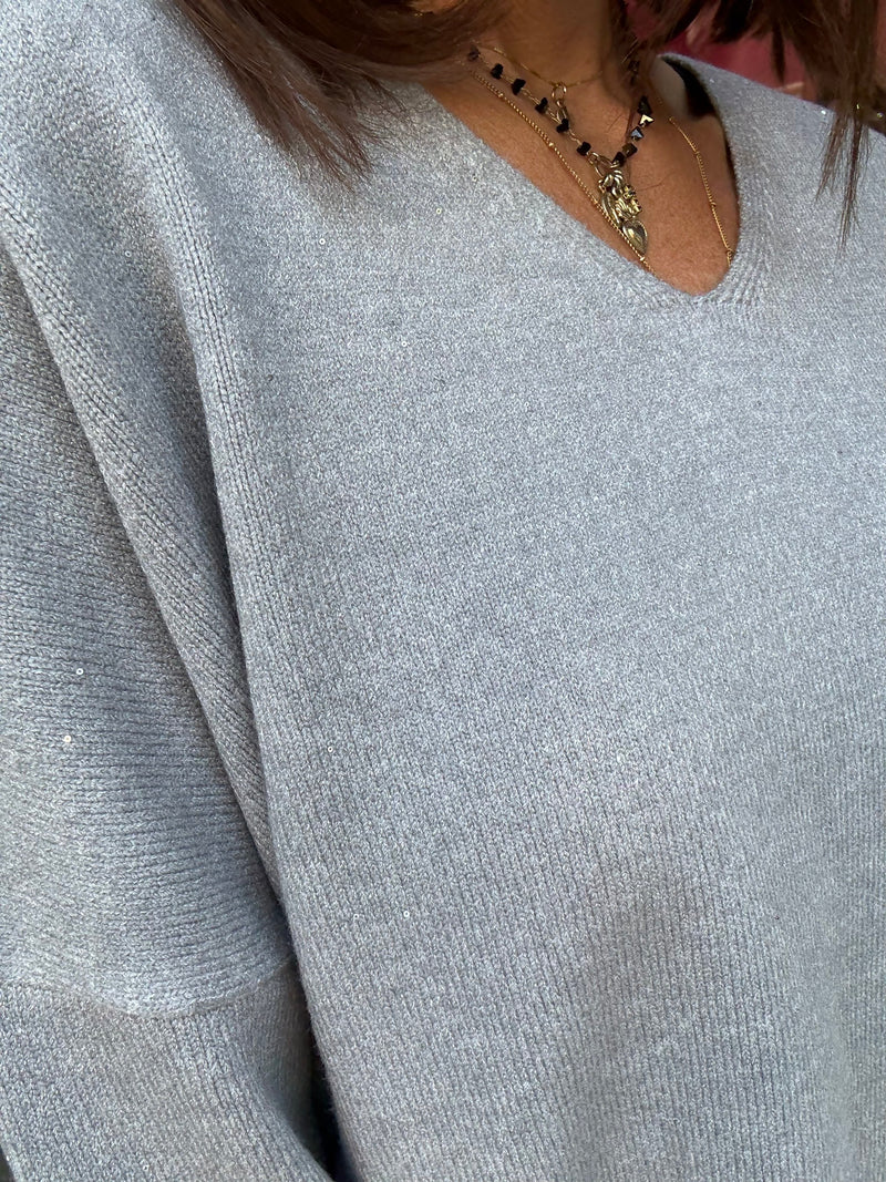 Maglione V Grigio co Micro Paillettes