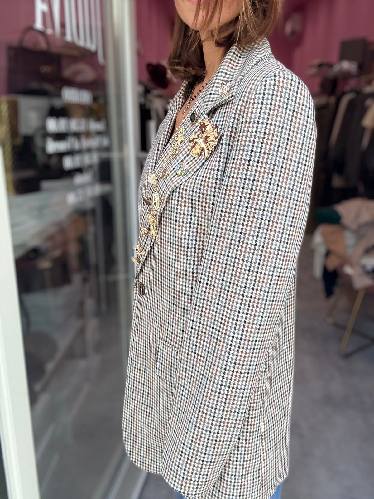 Giacca Quadretti Marrone Spille