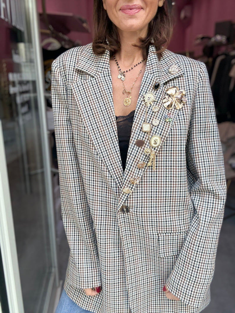 Giacca Quadretti Marrone Spille