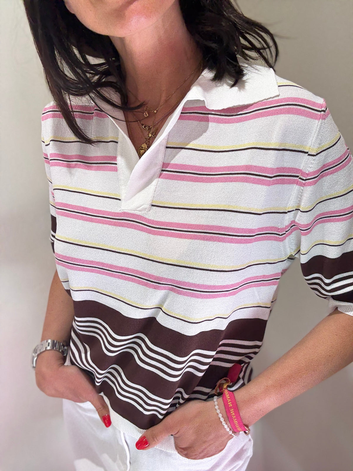 Polo Righe Bianco Rosa e Cioccolato ANGELA DAVIS