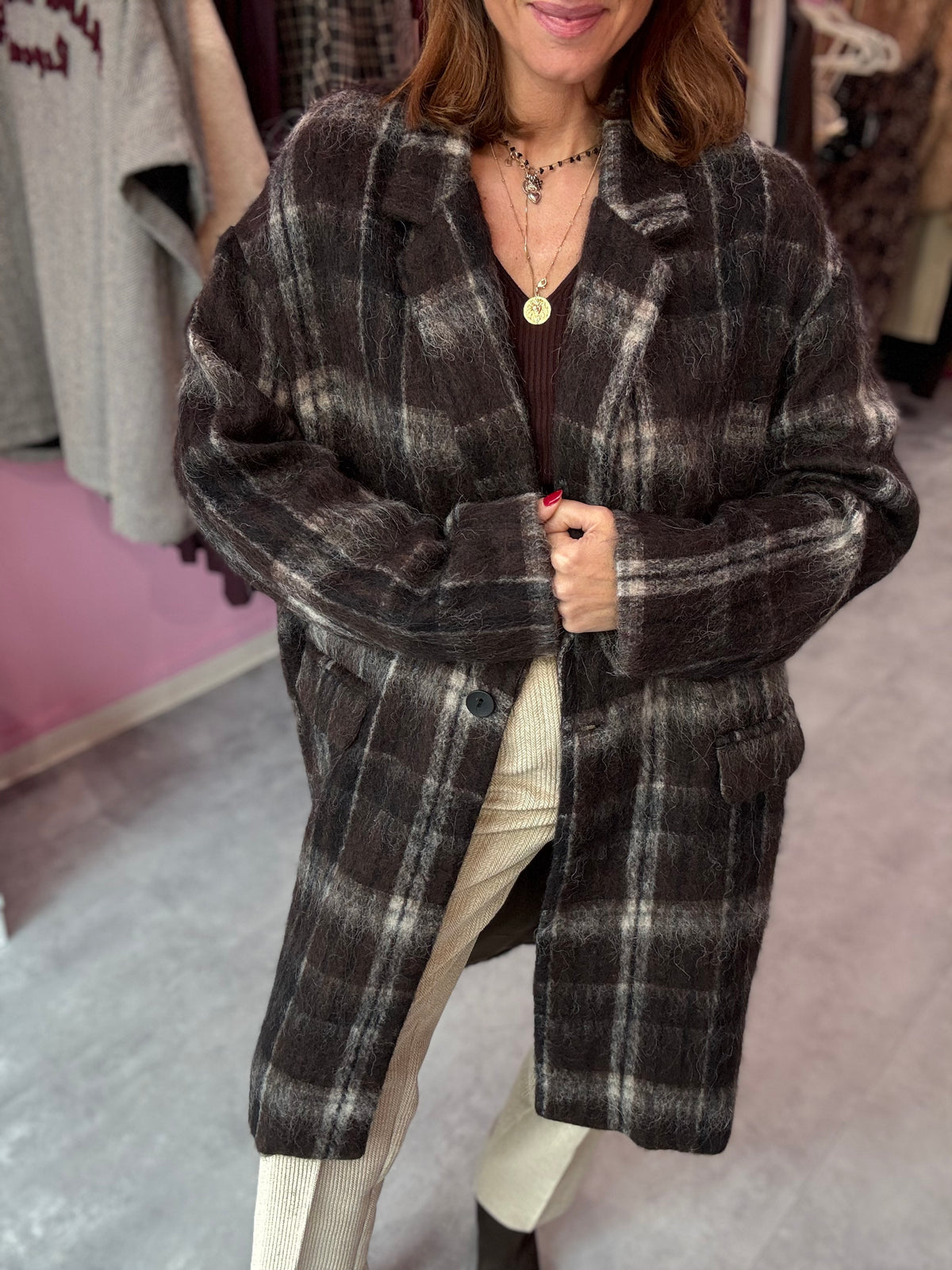 CAPPOTTO OVER CIOCCOLATO LANA CHECK