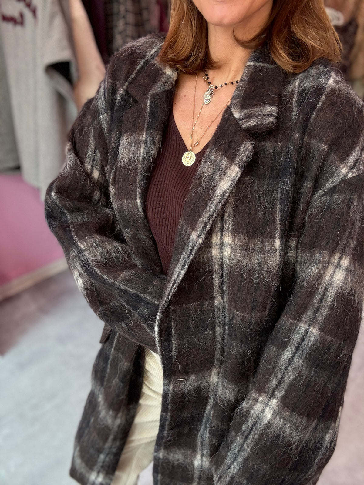 CAPPOTTO OVER CIOCCOLATO LANA CHECK